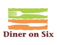 Diner on Six logo. A green background with white fork facing left on top of an orange background with white knife facing right.