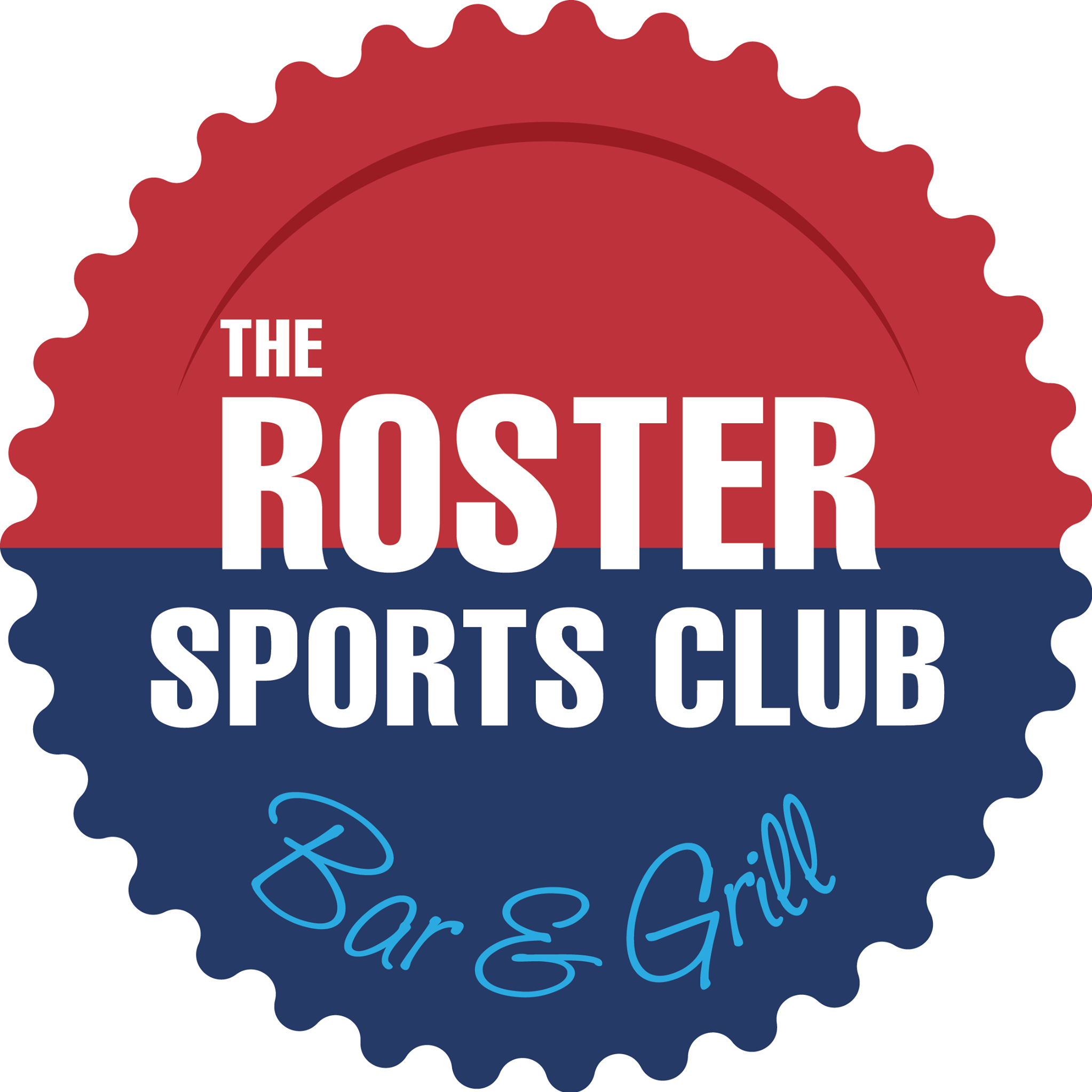 a logo for The Roster Sports Club Bar and Grill. The logo is a deep red color at the top and a dark blue on the bottom.