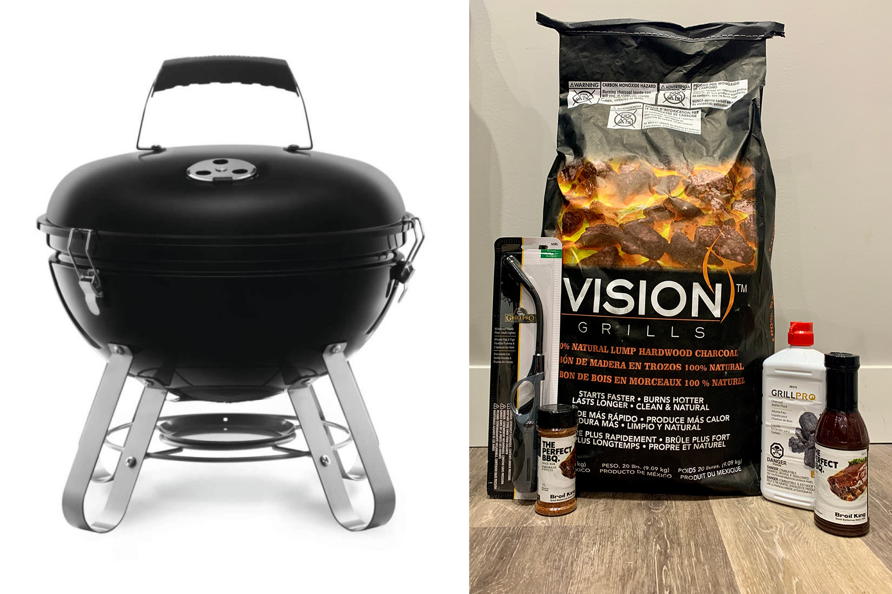 a photo of a small briquette portable bbq in black color on the right side. On the left side is a prize pack of briquettes, lighter fluid, bbq spices and a bbq lighter.