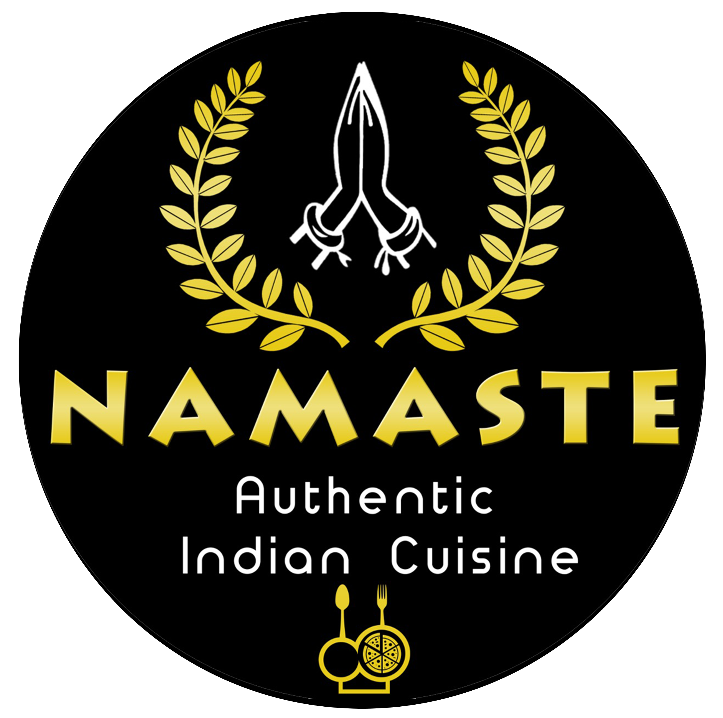 logo for Namaste Indian Cuisine. Black crcle with yellow and white text. Folded hands inside a yellow laurel wreath. leaf