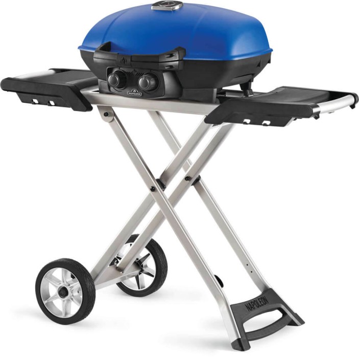 A blue compact bbq with stand on wheels
