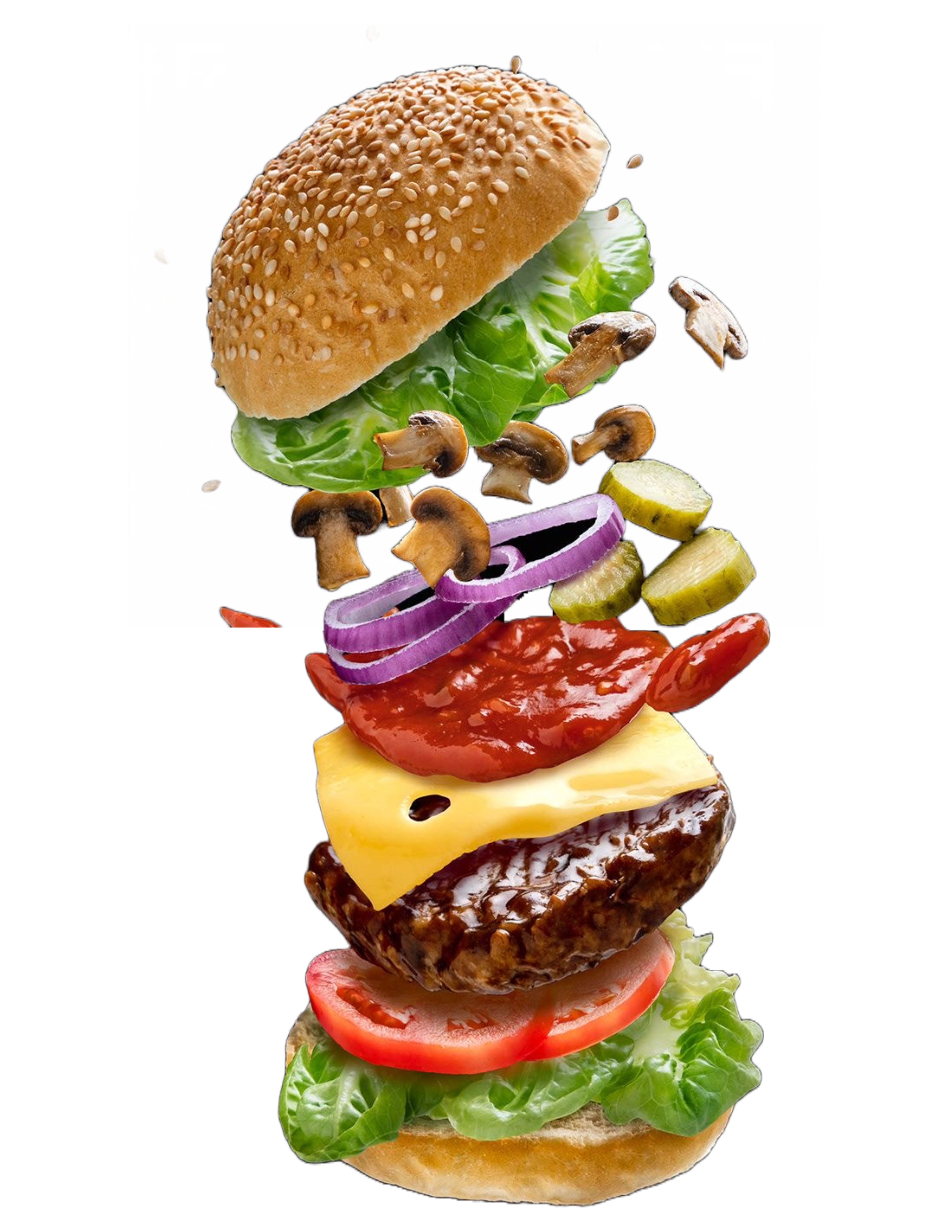 a graphic of a fully loaded burger showing all the layers