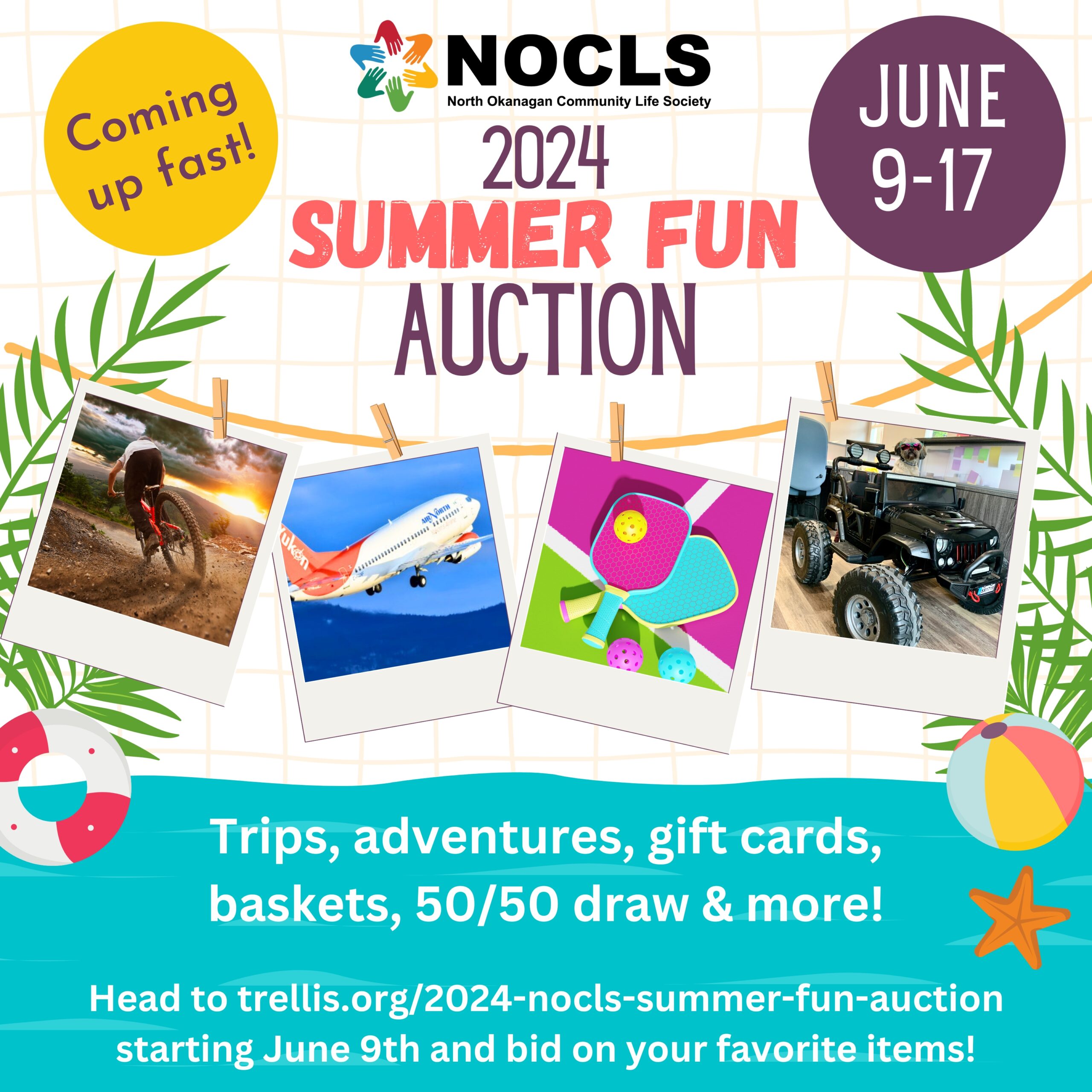 poster for the 2024 NOCLS Summer Fun Online Auction. Summer image with water, beach theme, and polaroid photos hanging showing some prize options.
