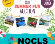 Coming Soon - NOCLS 2024 Summer Fun Auction. Beach themed poster.