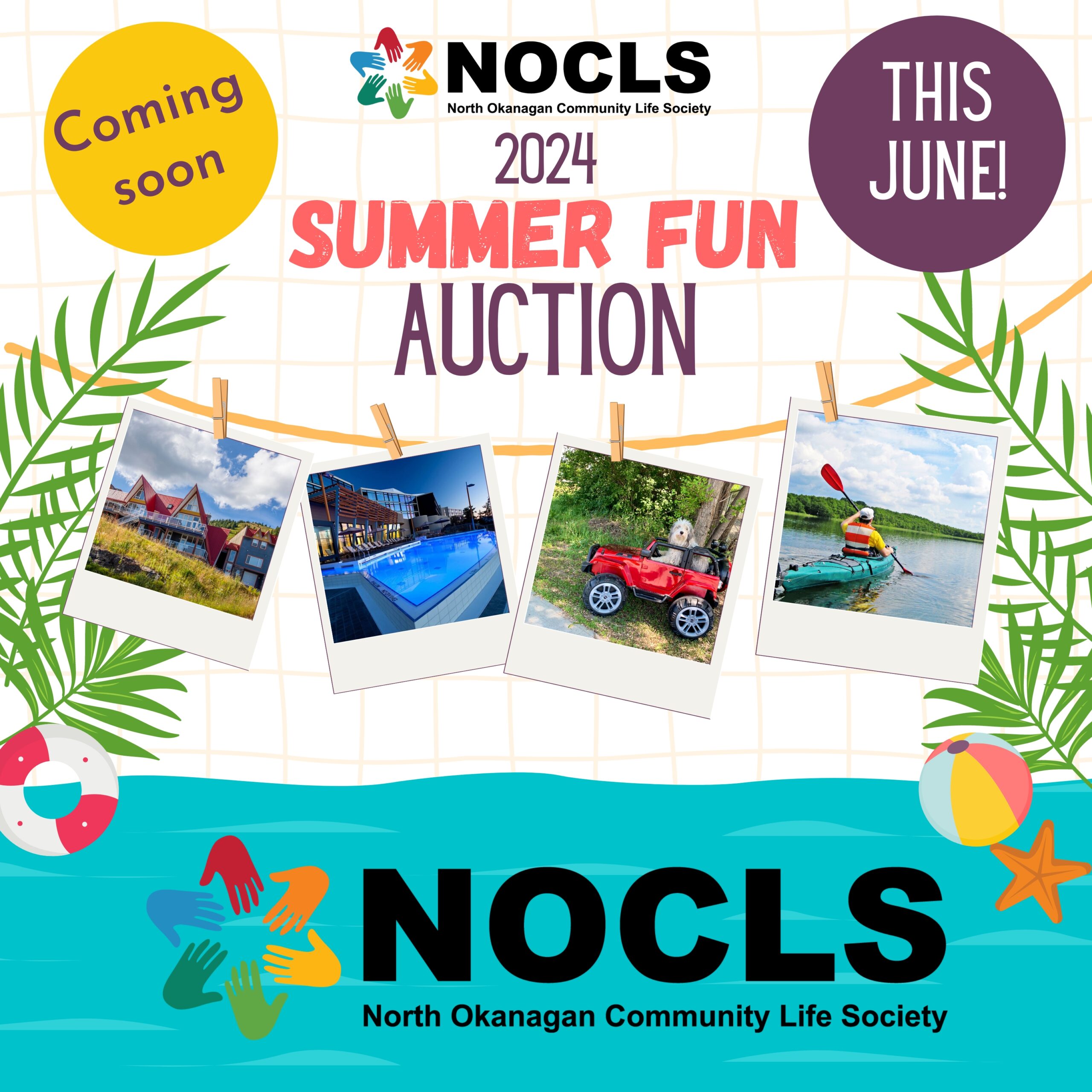 Coming Soon - NOCLS 2024 Summer Fun Auction. Beach themed poster.