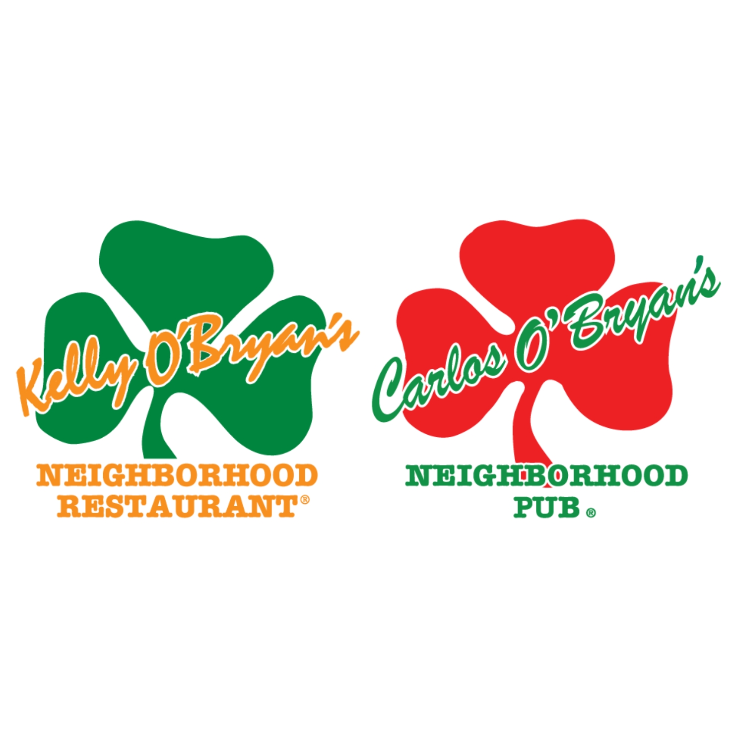 two clovers, red and green side by side with Kelly O'Brien's Neighbourhood Pub written across