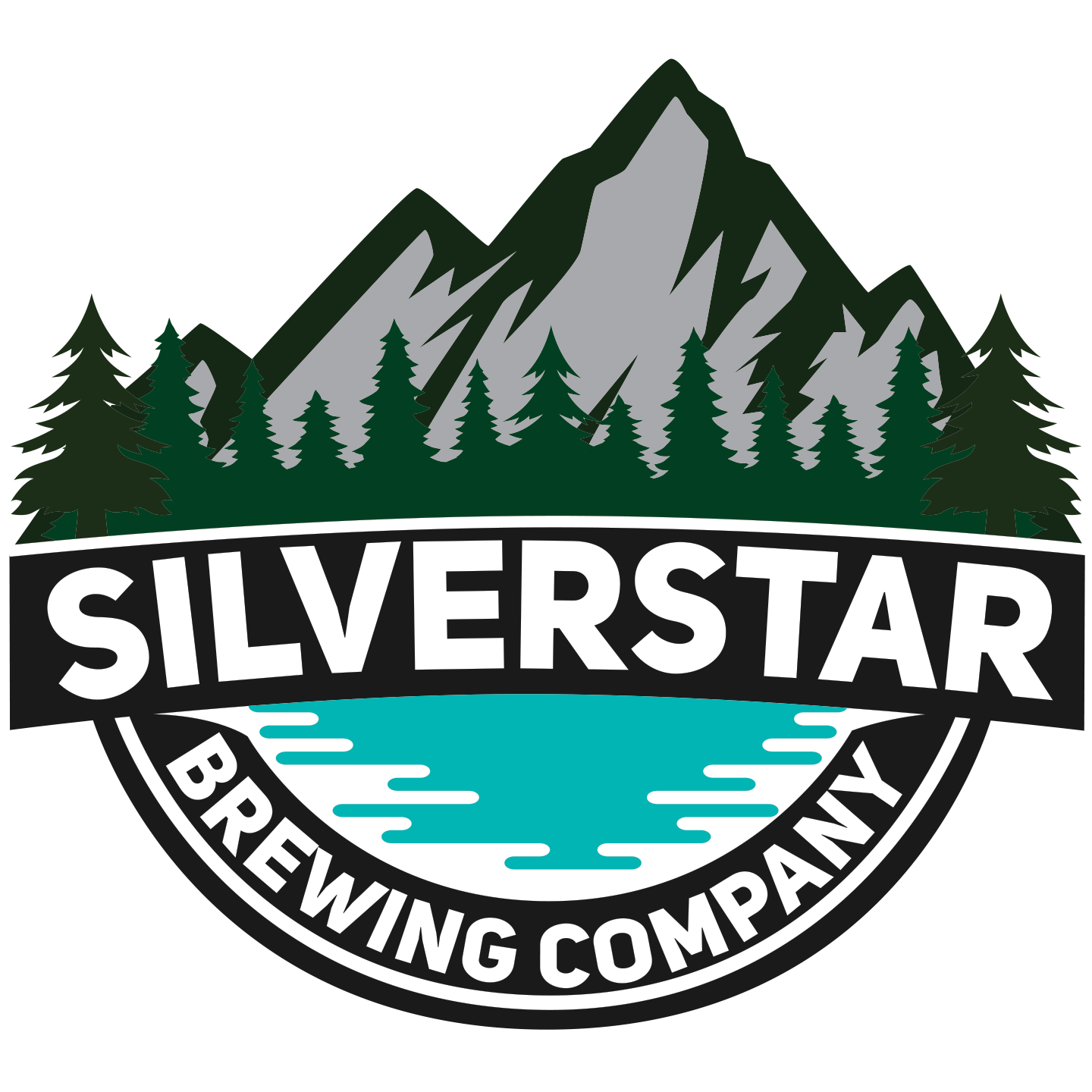 Grey mountain graphic with green trees above the white text "Silverstar Brewing Company"