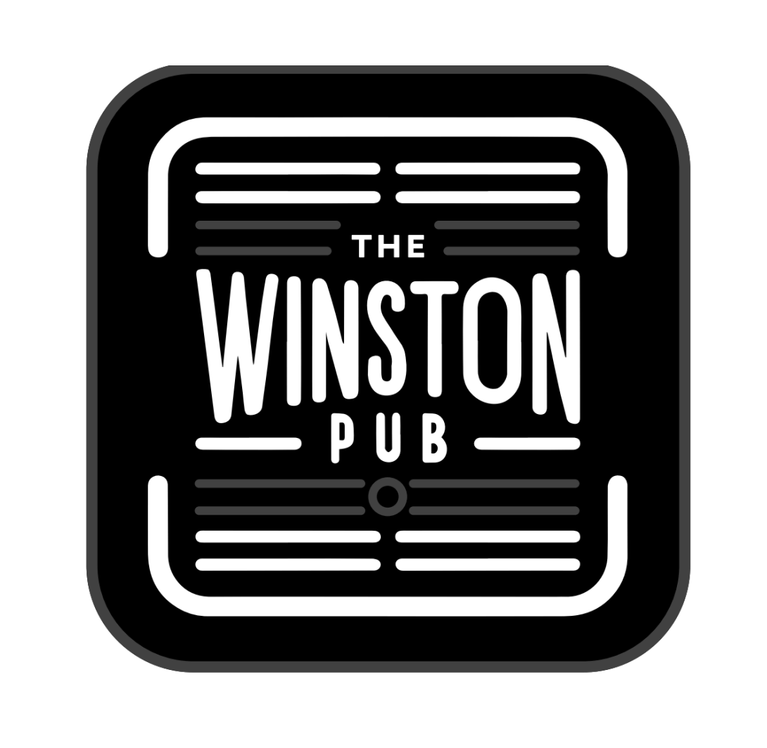 Black square with white text and line art saying "The Winston Pub"