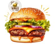 graphic of a beef burger dripping with sauce and melted cheese topped with red onions, pickles, and lettuce.
