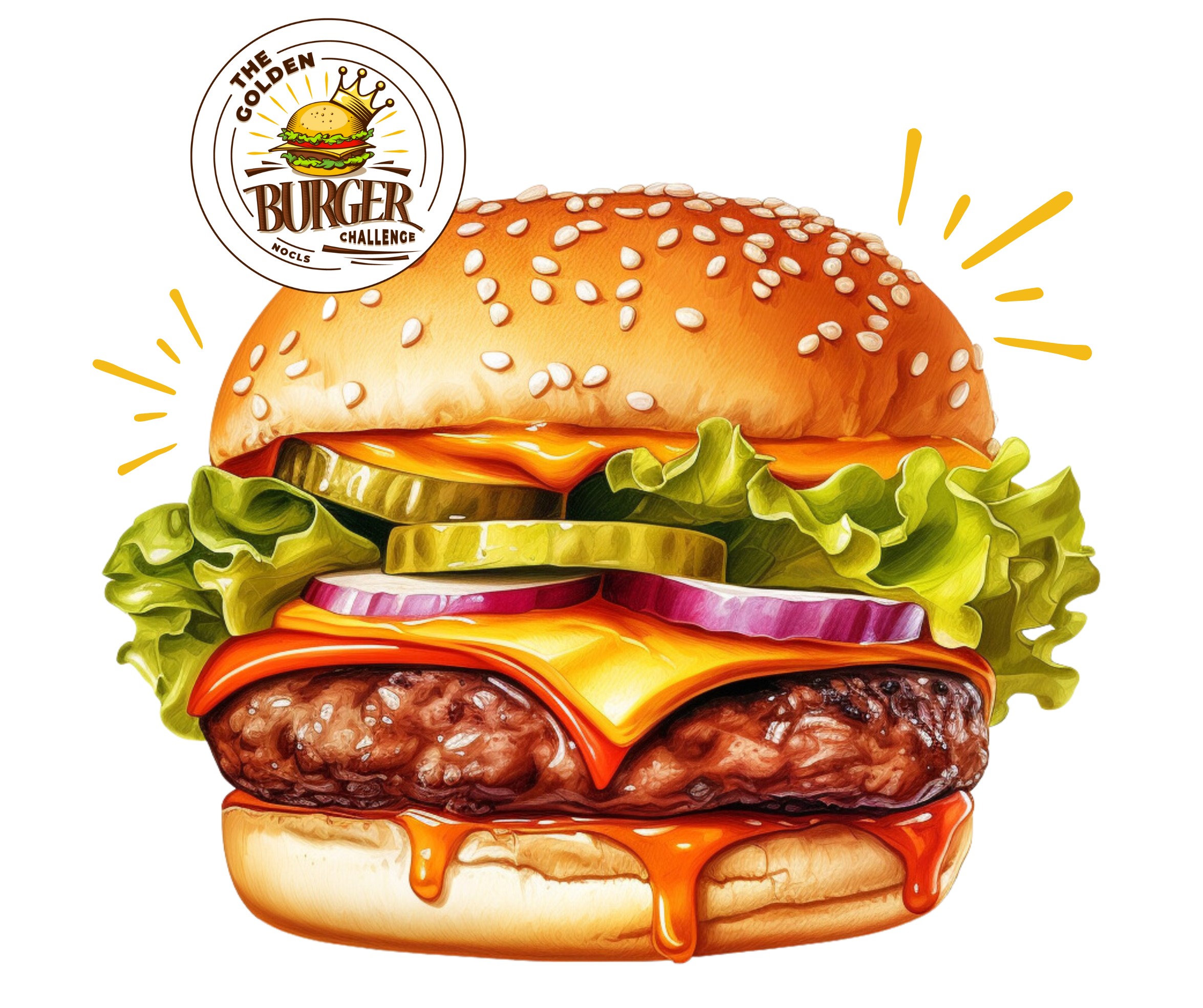 graphic of a beef burger dripping with sauce and melted cheese topped with red onions, pickles, and lettuce.